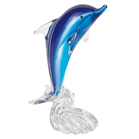 PALACEDESIGNS 10 x 6 x 4 in. Murano Style Art Blue Glass Dolphin Riding a Wave Sculpture PA2627630